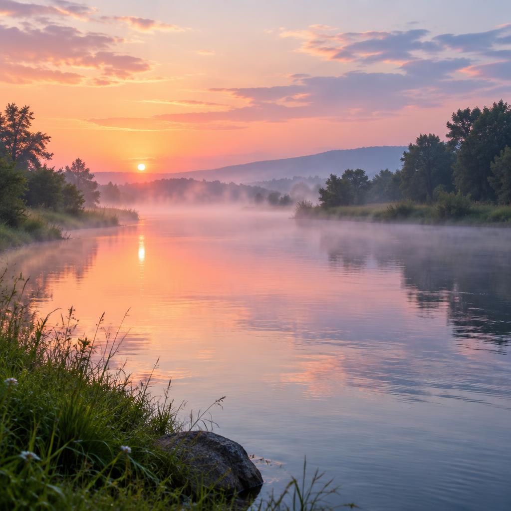 Sunrise over a misty river